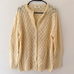 Vtg Womens 70s Bubble Knit Cardigan Sweater L Cream Pearl Button Coquette Ballet